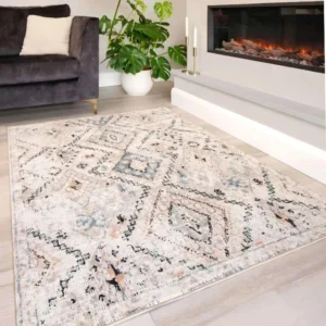 Tapis contemporain beige, poil ras, idéal pour un intérieur moderne