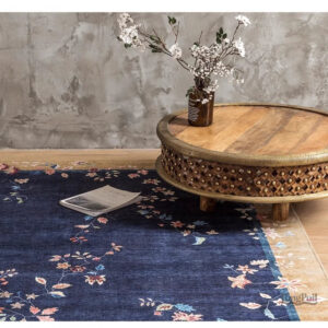 Tapis traditionnel bleu, motif chinois, ambiance zen